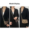 Three views of a brown leather handbag with a gold chain strap displayed against a black blazer.