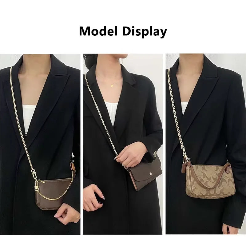 Three views of a brown leather handbag with a gold chain strap displayed against a black blazer.