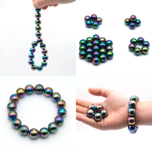 A collection of colorful, iridescent polishing fridge magnets in various shapes and sizes.