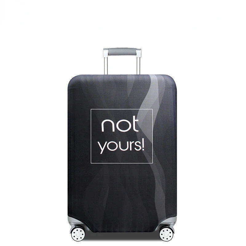 A black heavy duty suitcase with a clear protective cover featuring the text not yours!
