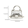 Silver metallic square crossbody bag with a chain strap shown against a white background.