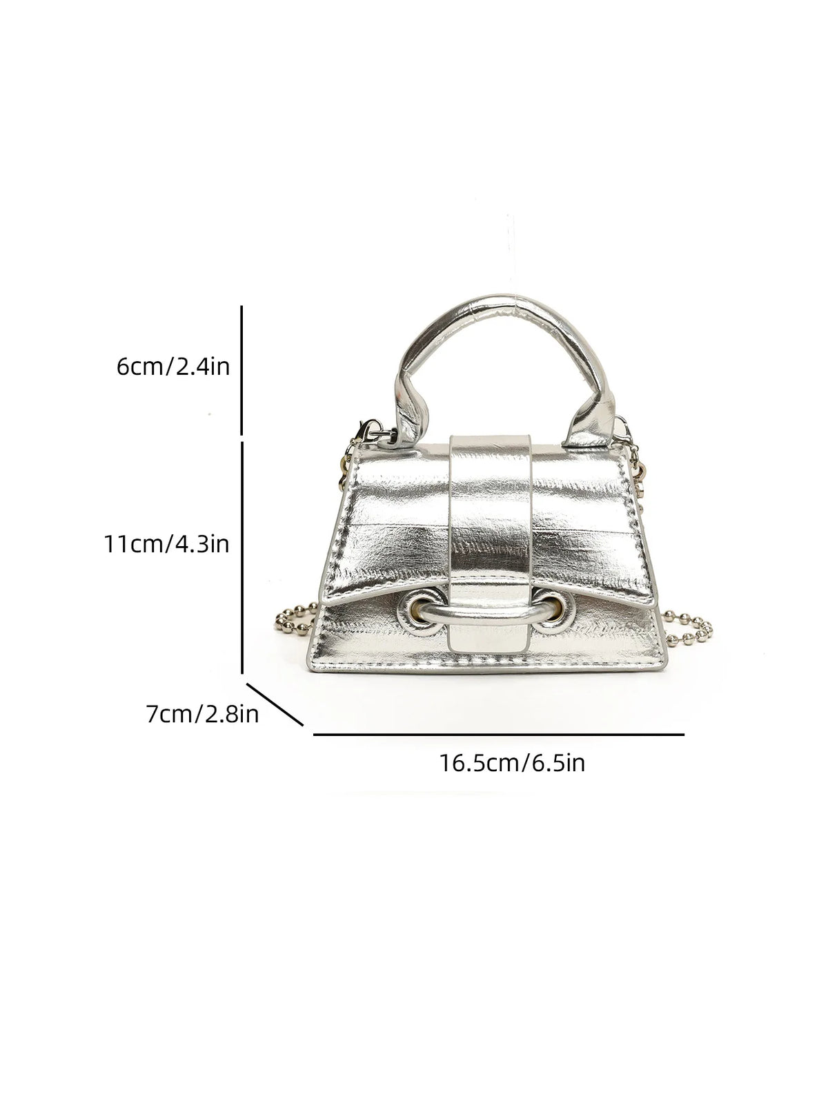 Silver metallic square crossbody bag with a chain strap shown against a white background.