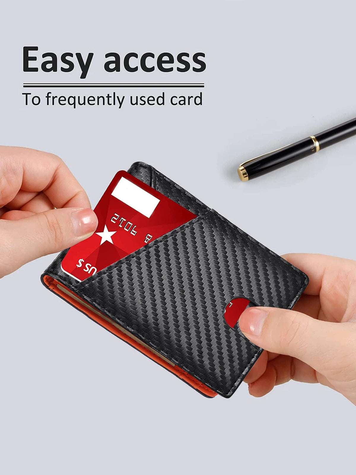 A hand holds a black bifold wallet with a red card inserted, demonstrating easy access.