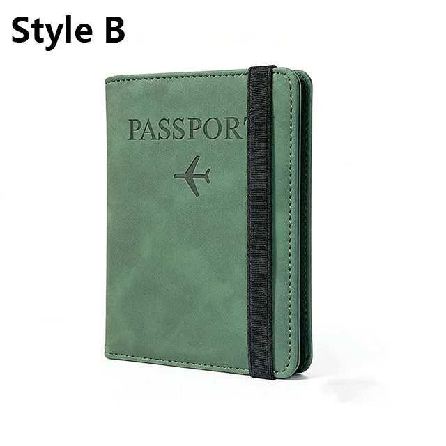 A dark green slim passport holder with a black trim and an airplane icon embossed on the cover.
