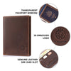 A brown genuine leather passport wallet with a transparent window and 3D embossed logo.