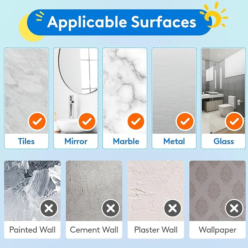 A grid showing various surfaces suitable for the product including tiles, mirror, marble, metal, glass, painted wall, cement 