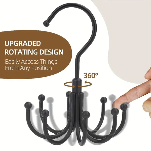 Black stainless steel rotating belt hanger with multiple hooks shown against a light background.
