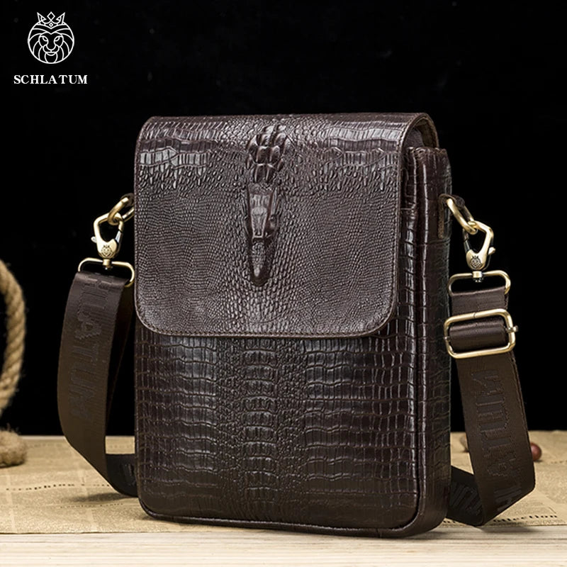 Dunkelbraunes Leder-Vintage-Krokodil-Muster-Schultertasche mit schwarzem Riemen