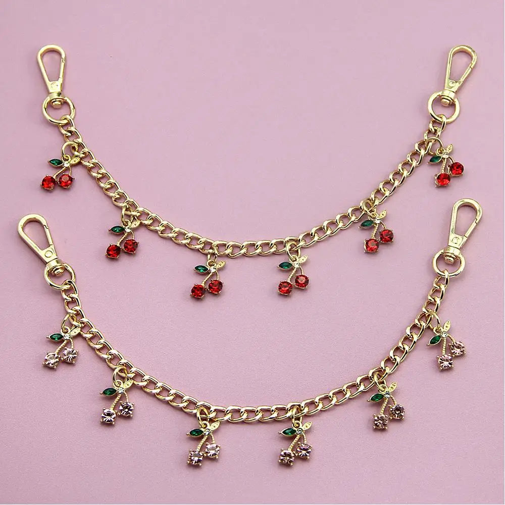Gold decorative chain with small red and green gemstone pendants for bags and clothing