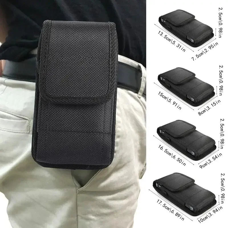 Black universal phone belt clip pouch shown on a person's pants pocket.