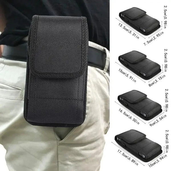 Black universal phone belt clip pouch shown on a person's pants pocket.