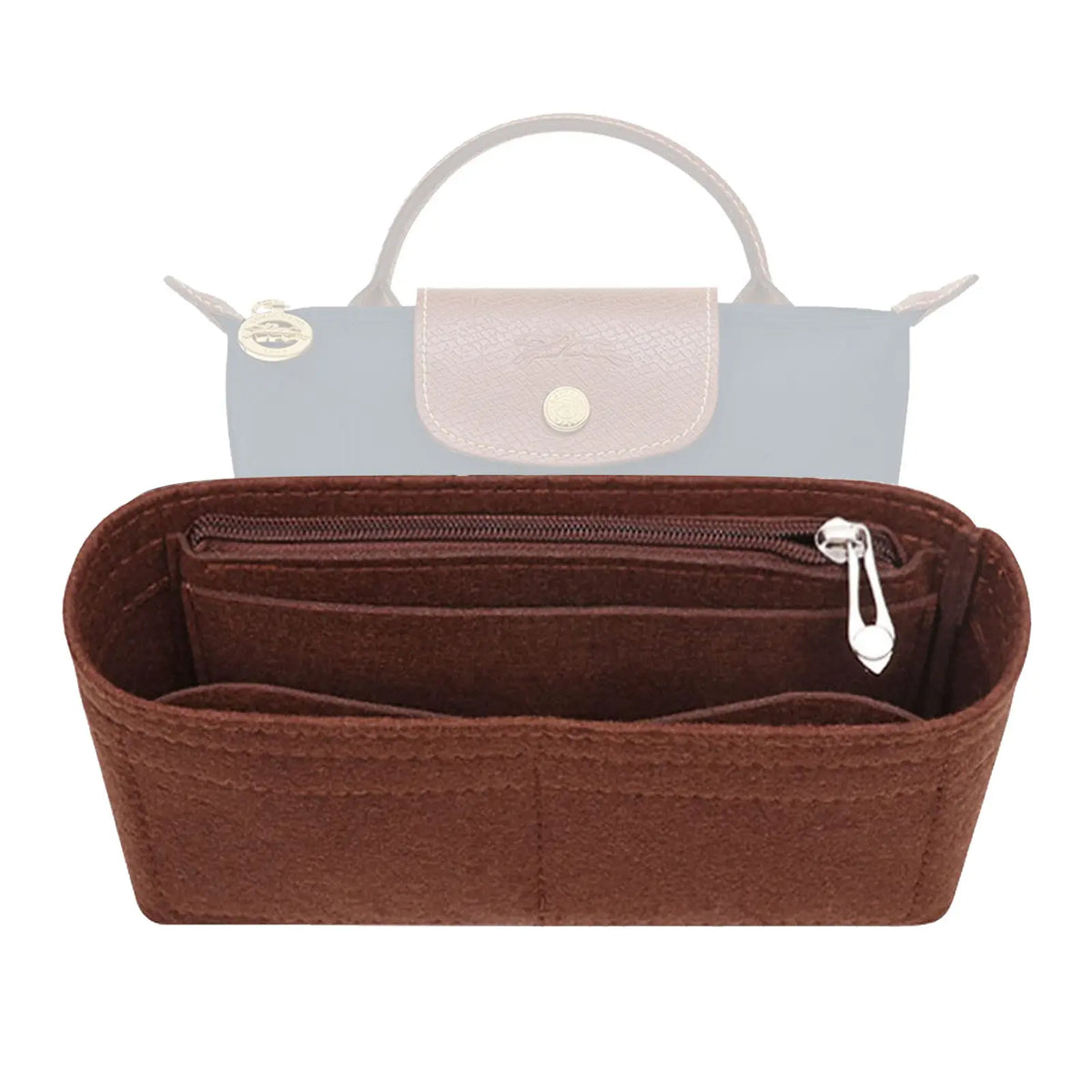 A brown felt organizer insert for handbags with a light gray leather-look exterior.