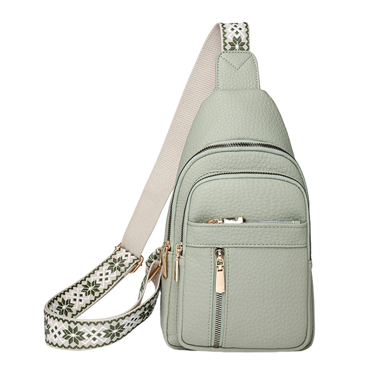 A light sage green women's PU leather crossbody chest bag with a patterned strap.