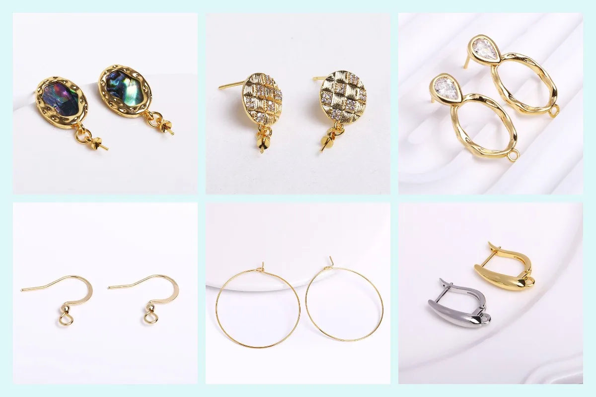 A collection of 18K gold plated jewelry chains and findings for DIY crafting, including gemstone pendants and hoop earrings.