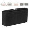Black felt insert bag organizer with multiple zippered compartments and leather strap details.