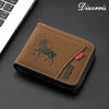 A brown leather wallet with a embossed lion design and a zipper closure is shown on a dark surface.