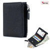 Black genuine leather slim bi-fold wallet with RFID protection and cash storage