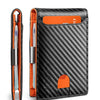 A black wallet with an orange accent, featuring a slot for cards and a protective sleeve for pens.