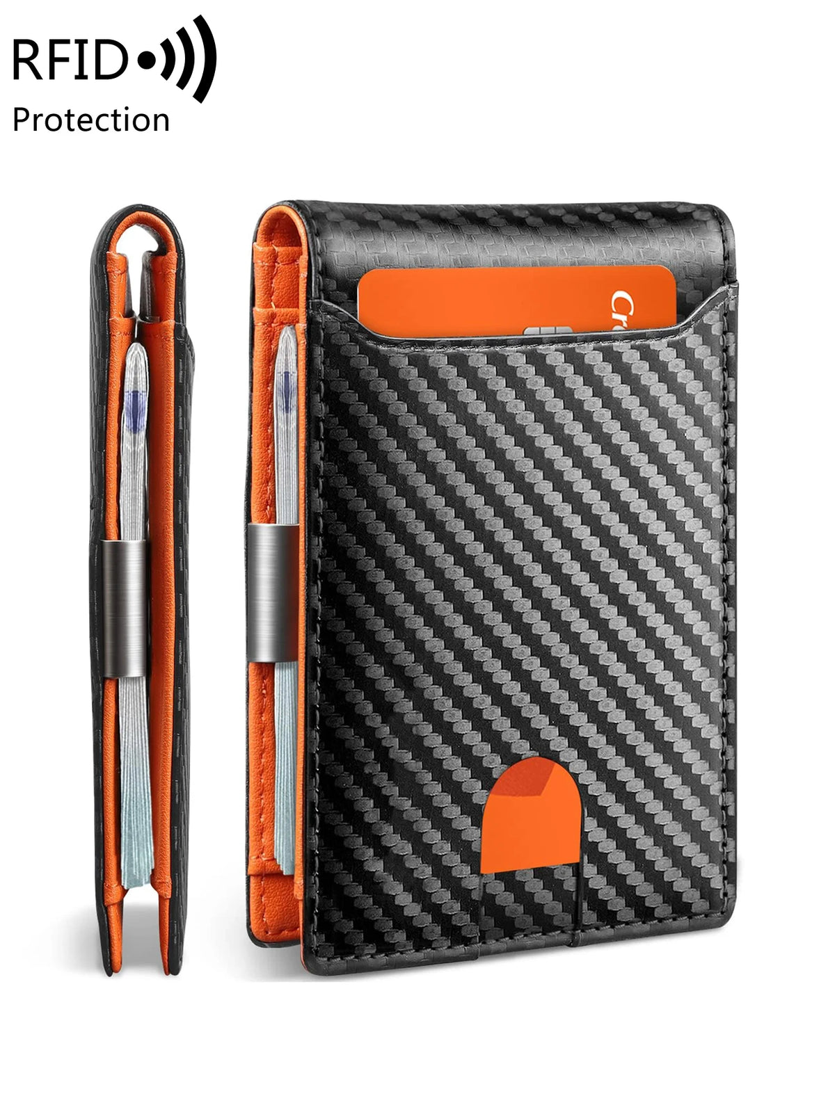 A black wallet with an orange accent, featuring a slot for cards and a protective sleeve for pens.