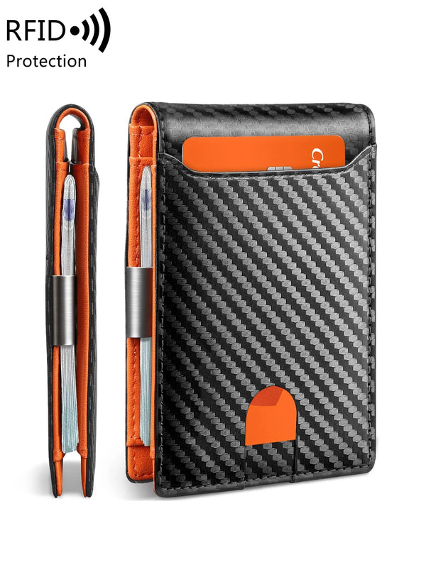 A black wallet with an orange accent, featuring a slot for cards and a protective sleeve for pens.