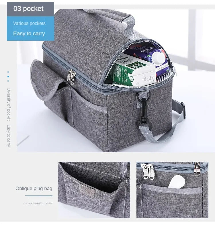 A gray reusable insulated lunch bag with an open pocket showing various items and a separate oblique plug bag.