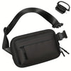 Black waterproof crossbody waist bag with an adjustable strap shown from above and the front.
