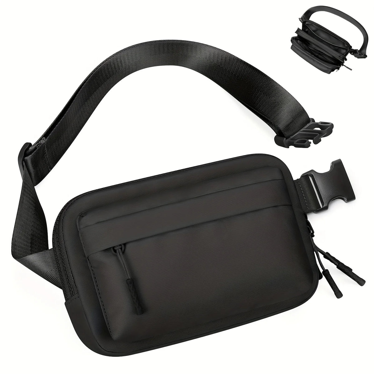 Black waterproof crossbody waist bag with an adjustable strap shown from above and the front.