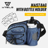 A blue waterproof sports fanny pack with a bottle holder and multiple pockets shown against a white background.