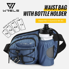 A blue waterproof sports fanny pack with a bottle holder and multiple pockets shown against a white background.