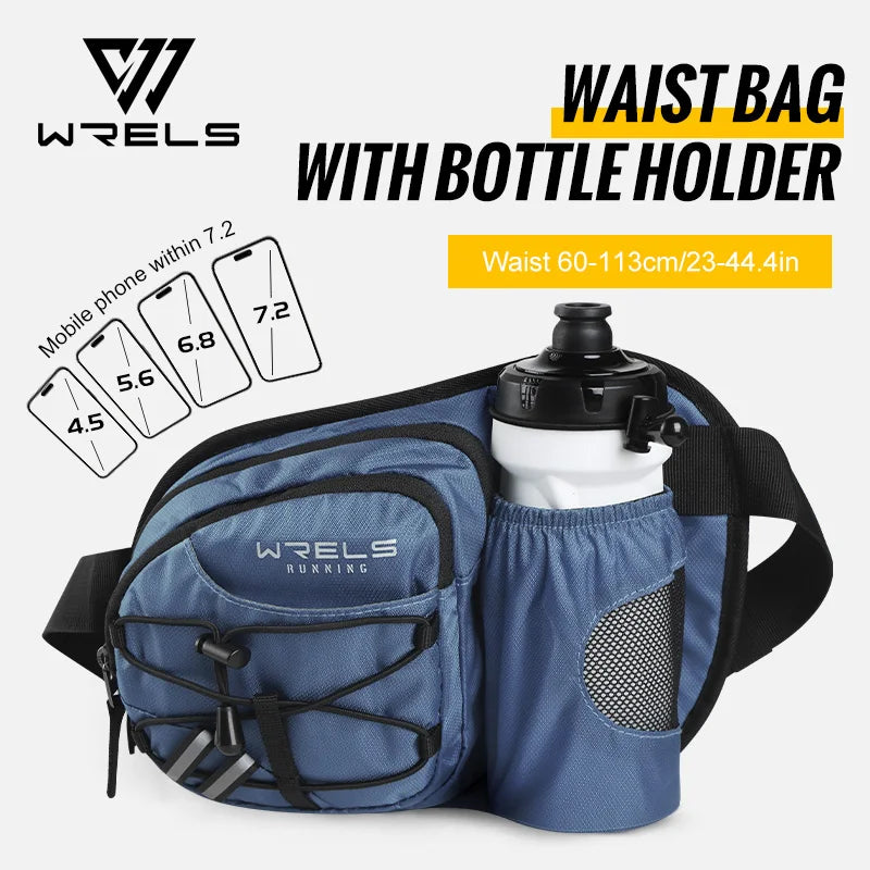 A blue waterproof sports fanny pack with a bottle holder and multiple pockets shown against a white background.