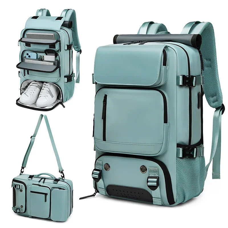 A teal waterproof travel backpack shown in multiple views, including a full pack and a smaller version.