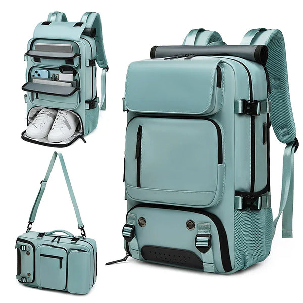 Türkis-wasserdichter Rucksack zum Reisen in verschiedenen Ansichten, einschließlich einer vollen und kleineren Version.