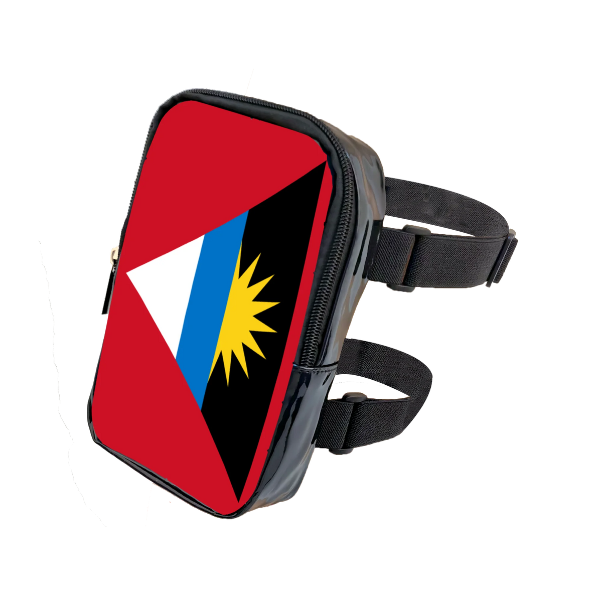 A black adjustable PU waist pouch featuring a red and yellow flag design with a white triangle and a golden sun.