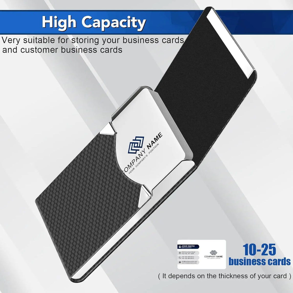 A black elegant PU leather business card holder displaying a company name logo.