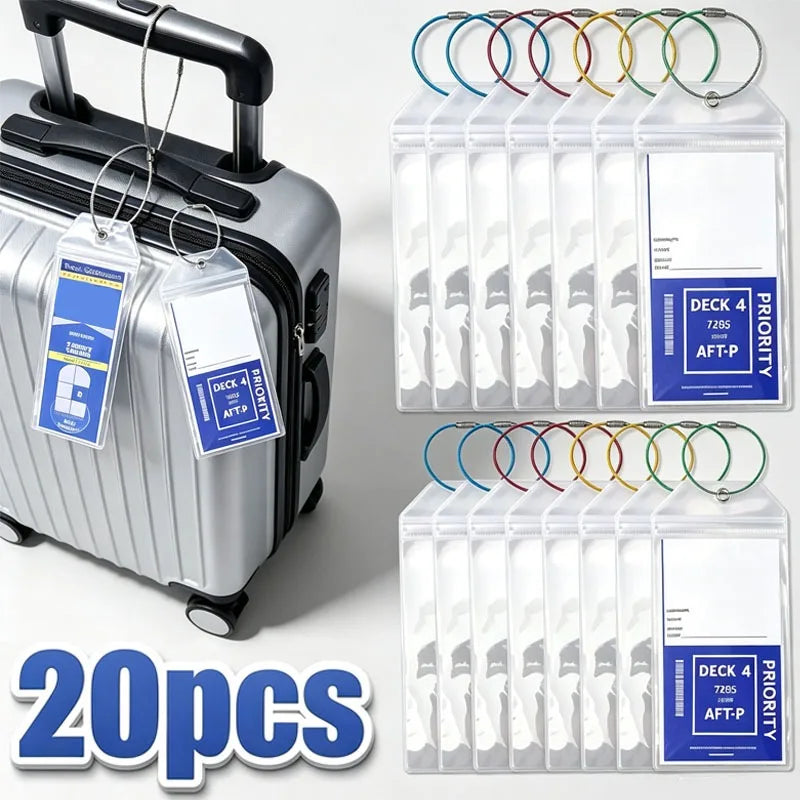 Pack of 20 clear plastic luggage tags with steel rings for cruise ship luggage.
