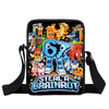 A black backpack featuring a colorful Minecraft-themed design with various block characters and dinosaurs.