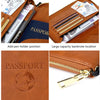 A brown leather passport holder with a zipper, showing various documents and a passport.