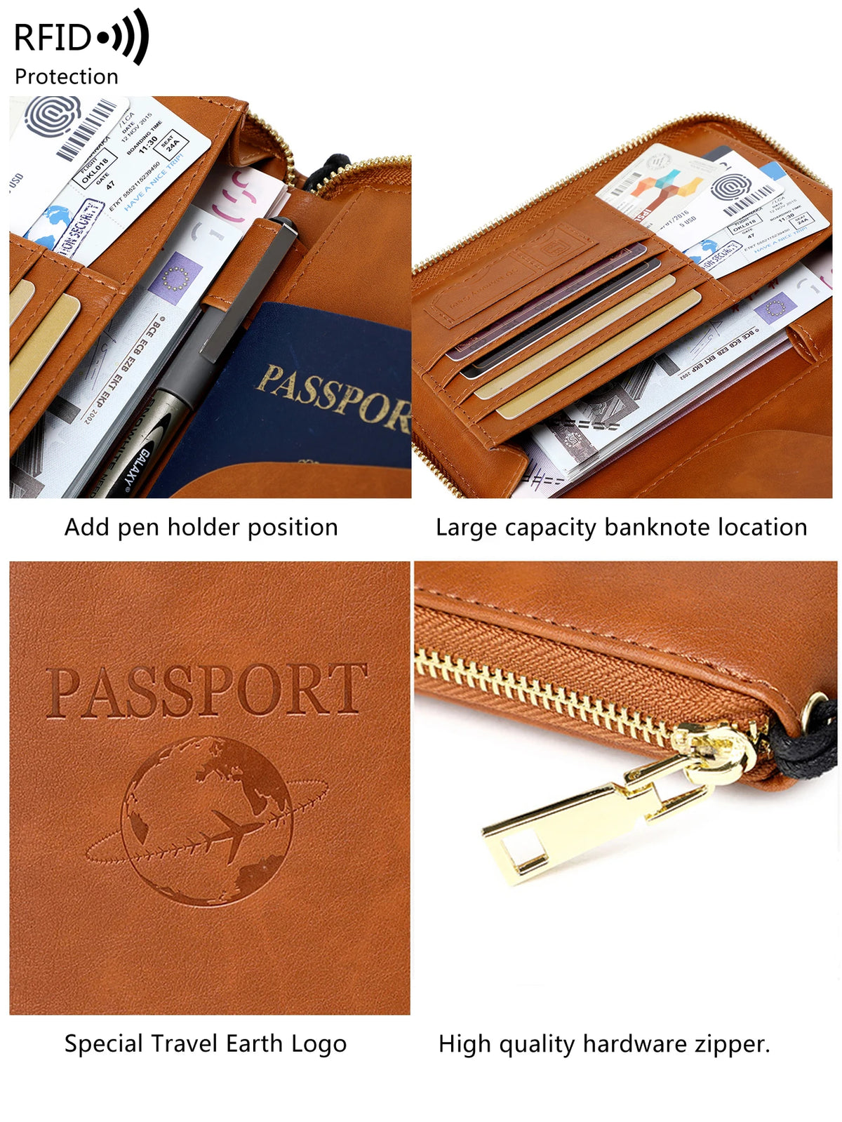 A brown leather passport holder with a zipper, showing various documents and a passport.
