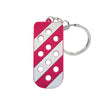 Porte-clés de chaussure en silicone rayé rose et blanc avec anneau à pince argenté.