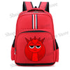 A red cartoon anime backpack featuring a distressed face design for students and teens.