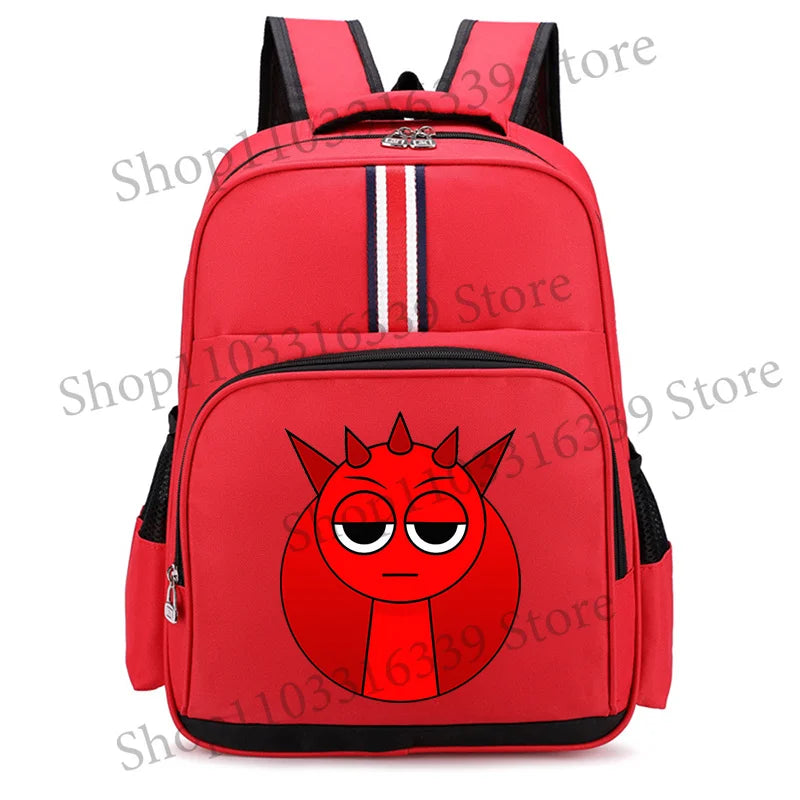 A red cartoon anime backpack featuring a distressed face design for students and teens.