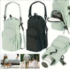 A light green insulated water bottle crossbody bag with a phone pocket shown in various angles.