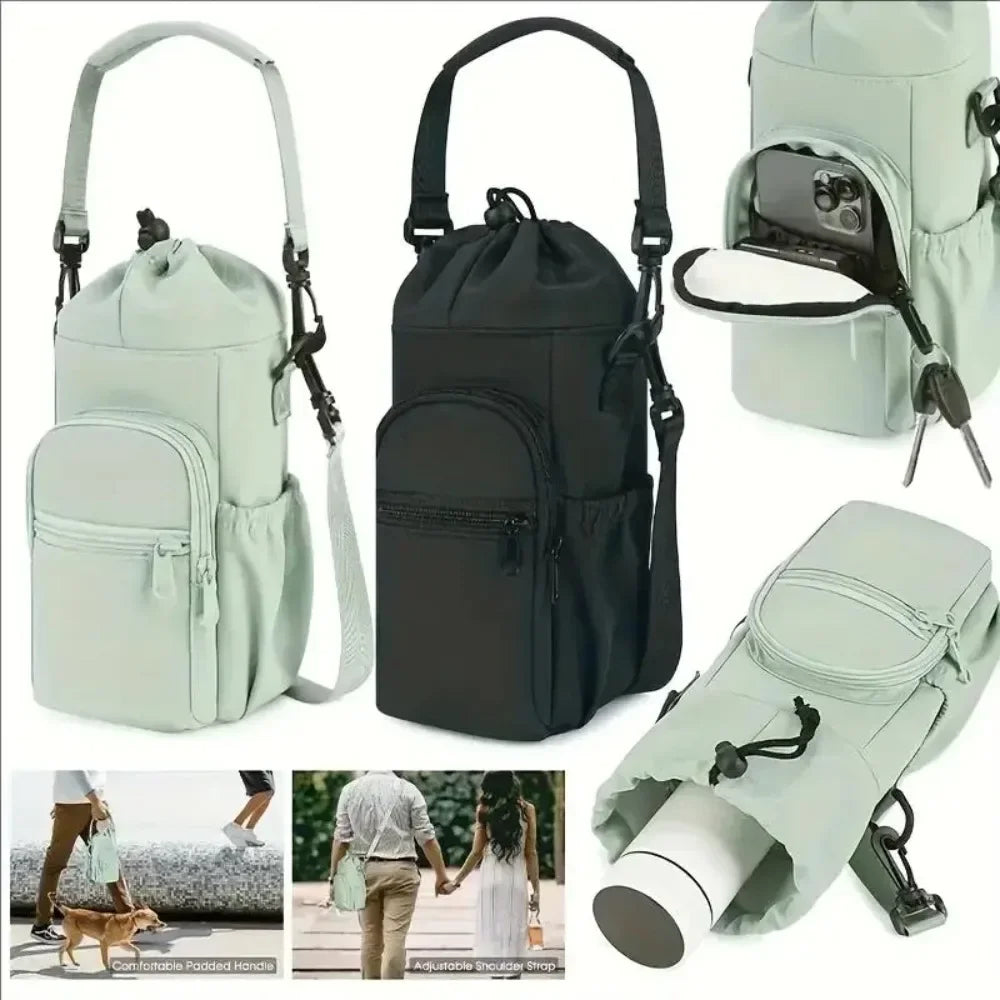 A light green insulated water bottle crossbody bag with a phone pocket shown in various angles.