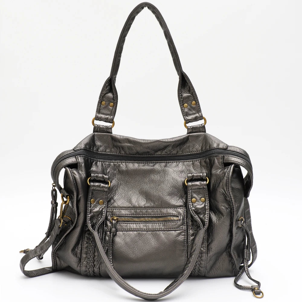 Dunkelgrabe Vintage-PU-Leder-Tasche mit Ledergriffen und Reißverschlusstaschen.
