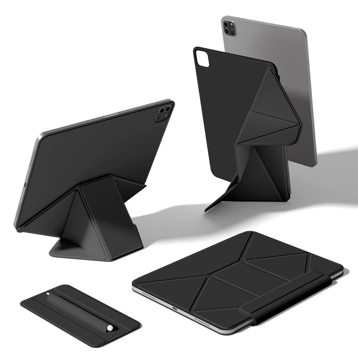 Schwarzes magnetisches Smart-Etui-Cover für ein iPad in verschiedenen Winkeln und Konfigurationen.