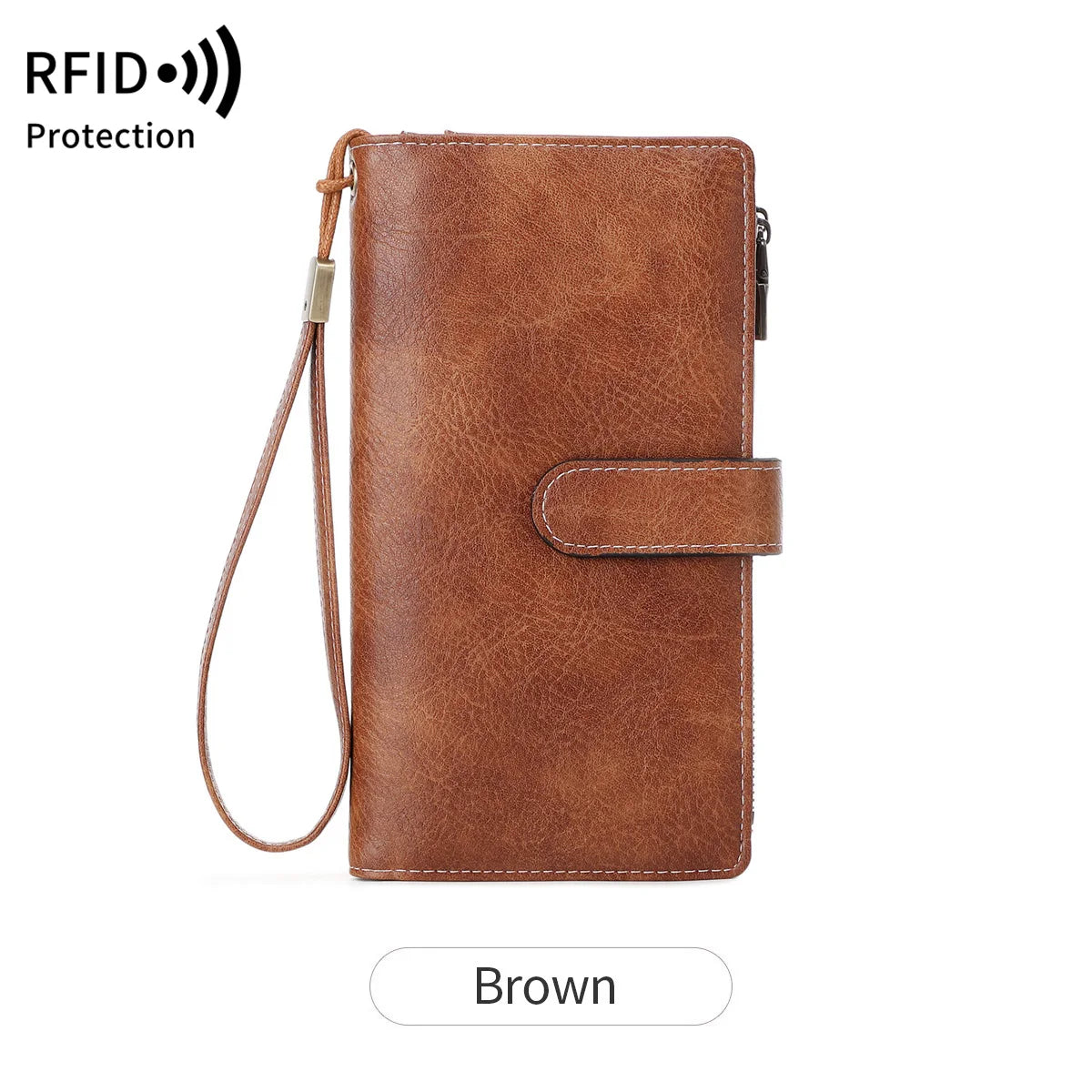 A brown leather trifold clutch wallet with a protective RFID shield.