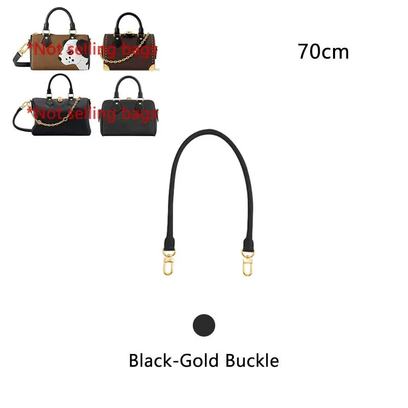 Black-gold buckle replacement shoulder strap for handbags, shown with various bags and a measuring tape.