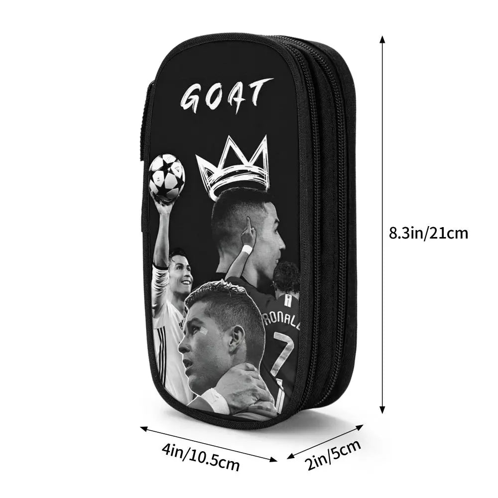 Black zippered pencil case featuring a soccer ball and a crown design with the word GOAT