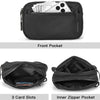 Black multi-functional crossbody storage bag showing a front pocket and an inner zipper pocket with card slots