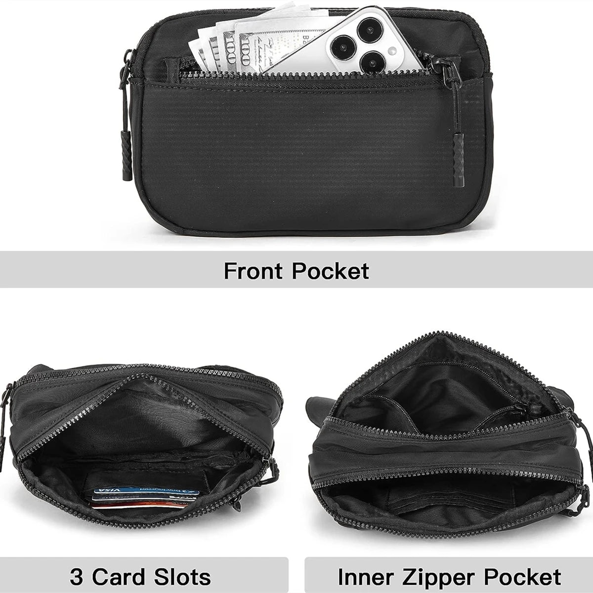 Black multi-functional crossbody storage bag showing a front pocket and an inner zipper pocket with card slots